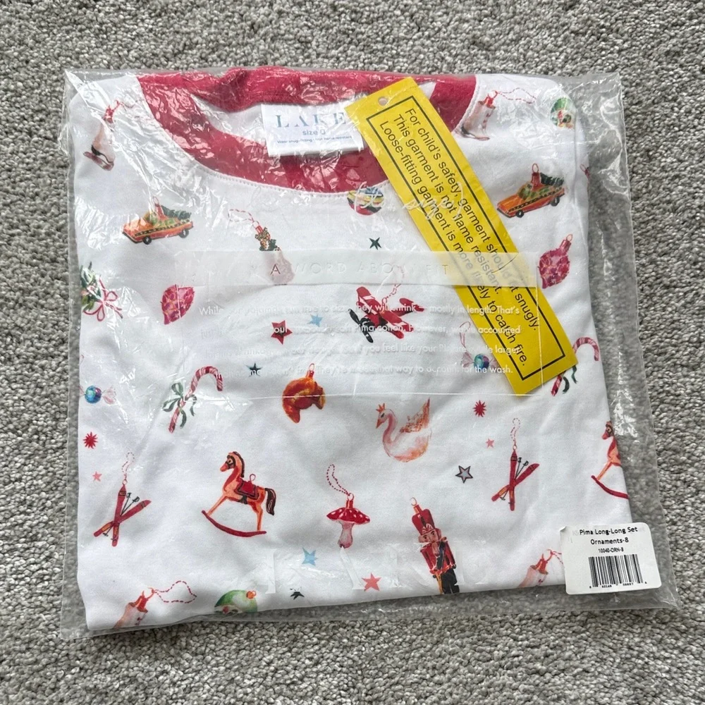 Lake- Ornaments Long Sleeve Long Pants Pajama Set, White & Red, size 8